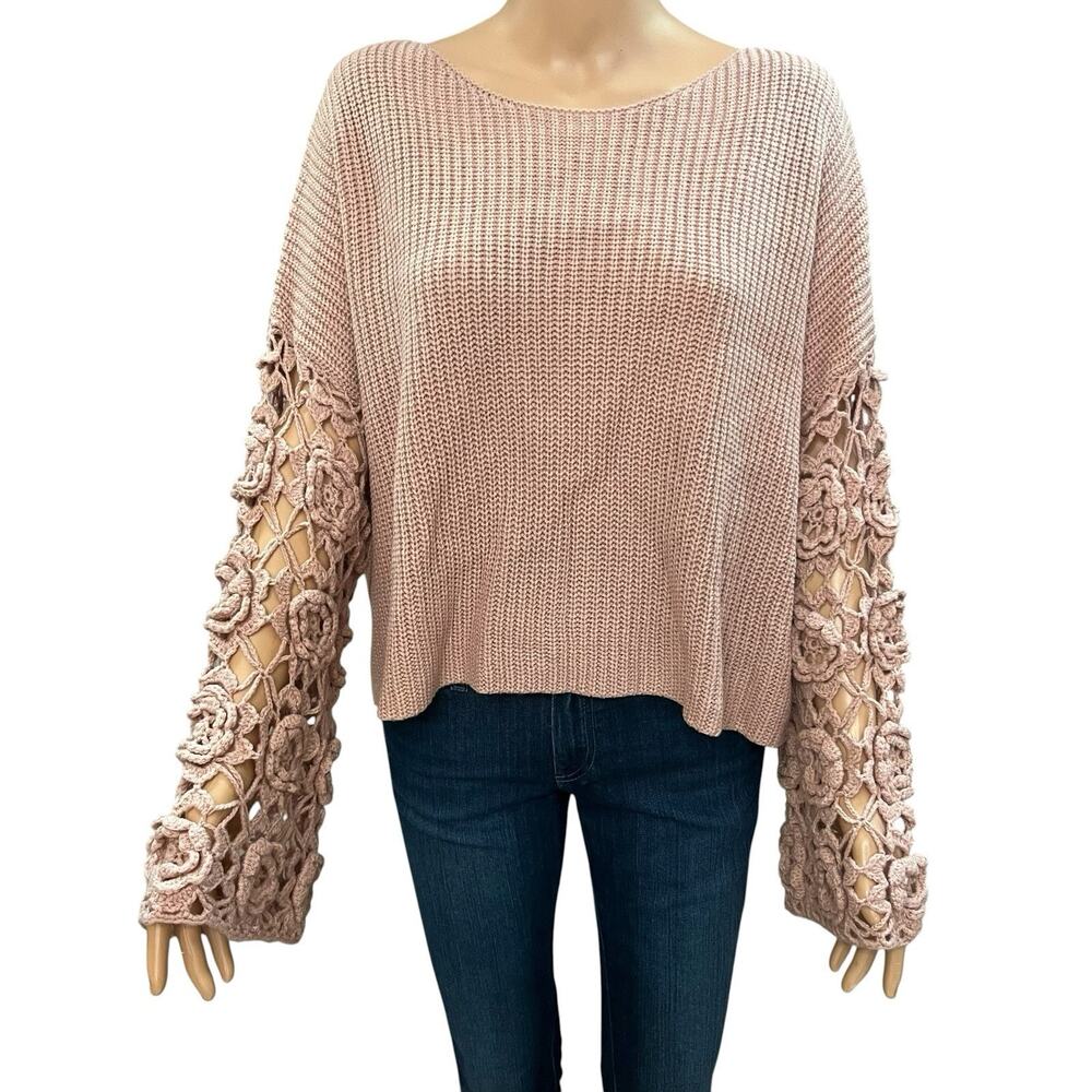 Arula Crochet Sleeve Pullover Sweater Size X 10/12 Pink 3D Flowers Ribbed Boho